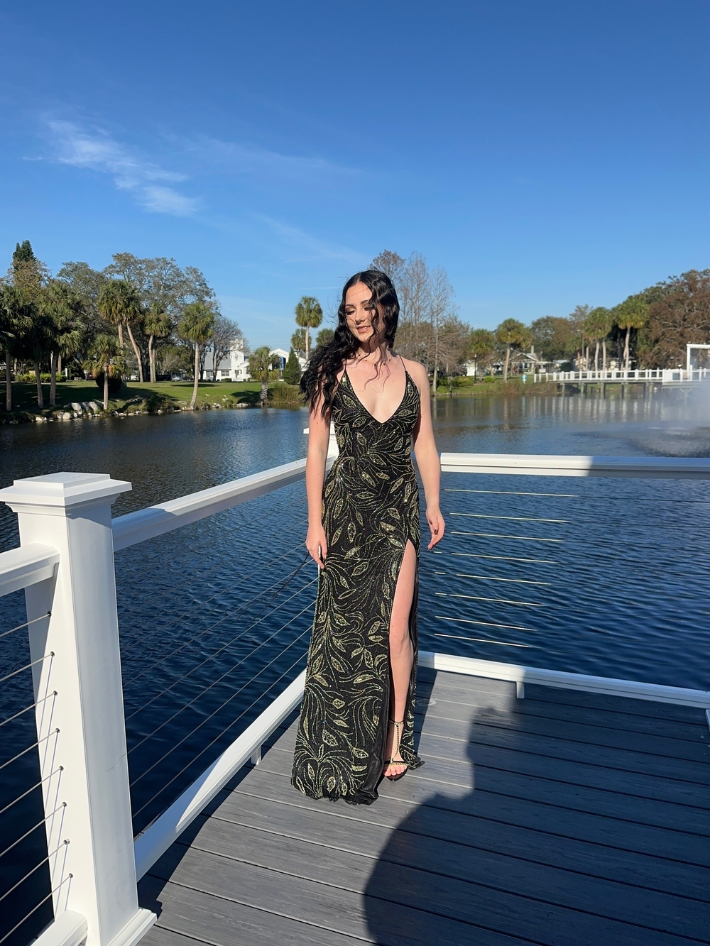 Primavera Couture Black Leaf-Print Prom Gown with Side Slit
